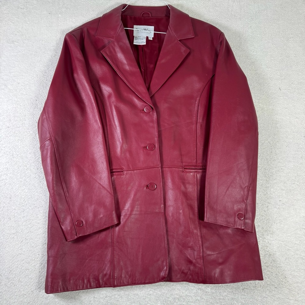 Pamela McCoy Leather Blazer Womens 1X Burgundy Red Excellent 3-Button Coat